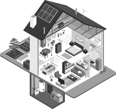 Grayscale vector drawing of a house with the walls cutaway